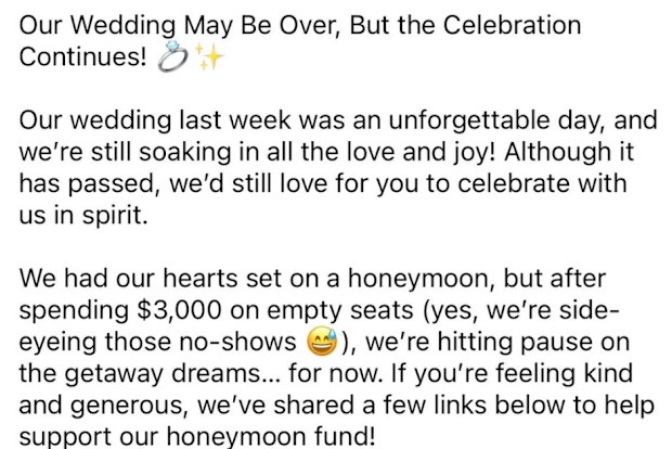 bride asks for additional monetary wedding gifts after nuptials