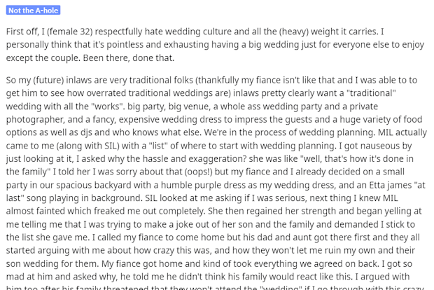 Bride in laws small wedding fight