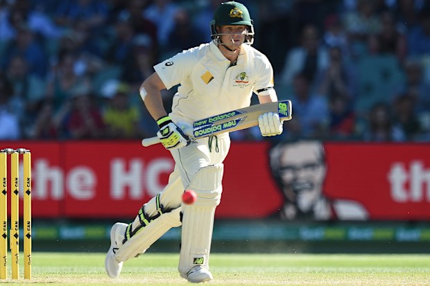 Steve Smith hits the pink ball through the covers during last year's day-night Test. (AAP)