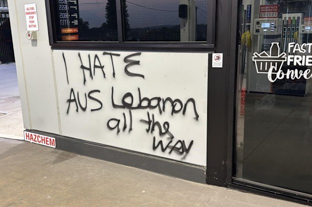 CCTV footage has caught the moment a vandal defaced a petrol station in Sydney's south-west with the words "die Aussie dogs" and "I hate Australia." 