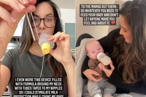 Olivia Munn feeding her son Malcolm. 