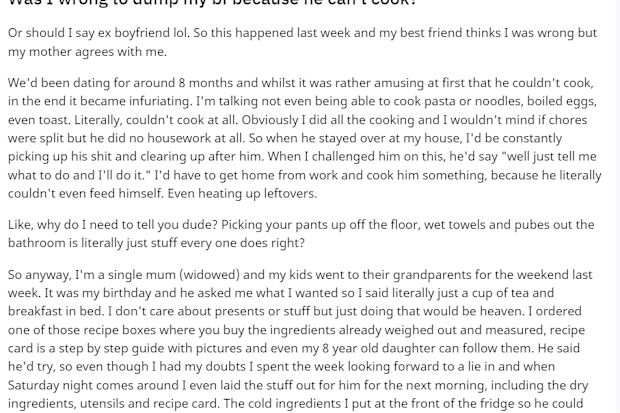Reddit post boyfriend can't cook