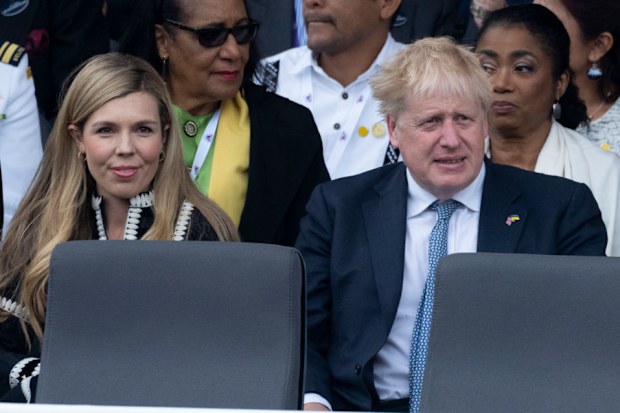 Boris Johnson and Carrie Johnson attend the Platinum Pageant on The Mall on June 5, 2022 in London, England.