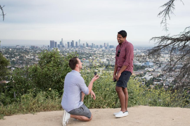 The engagement in Los Angeles on April 11, 2019 -- exactly a year before the wedding date.