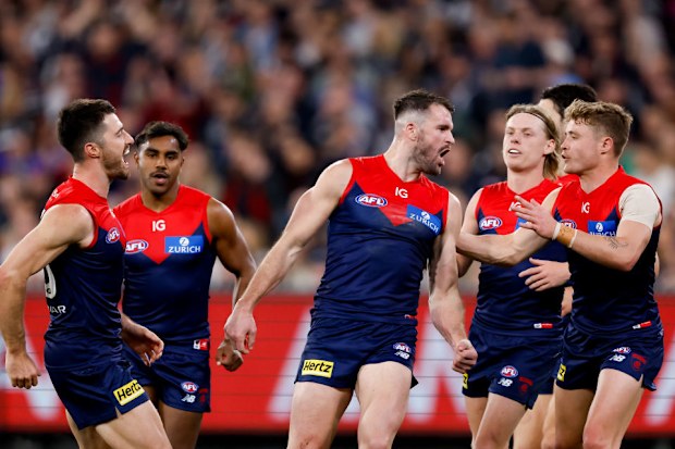 Joel Smith of the Demons celebrates a goal.