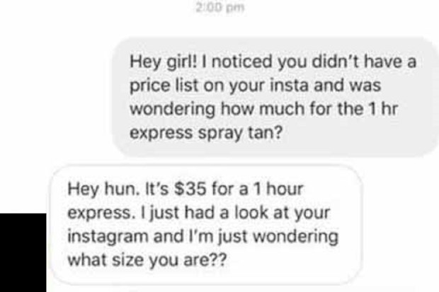 Spray tan exchange on Facebook.