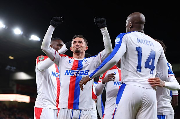 Yeremy Pino of Crystal Palace celebrates scoring his team's third goal with teammates.