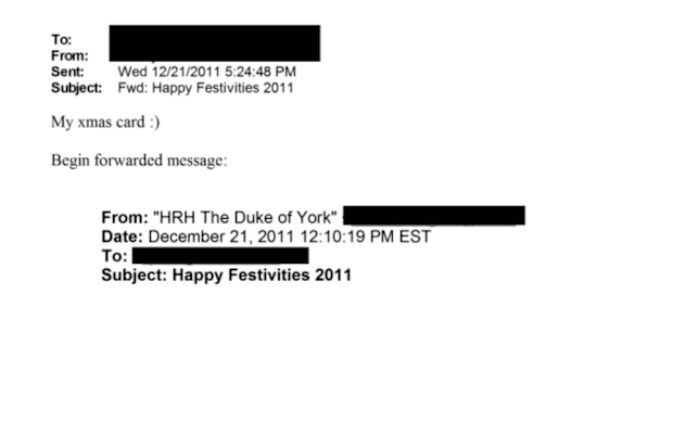 A Christmas card, sent to Jeffrey Epstein from Andrew Mountbatten-Windsor, released in the Epstein files.
