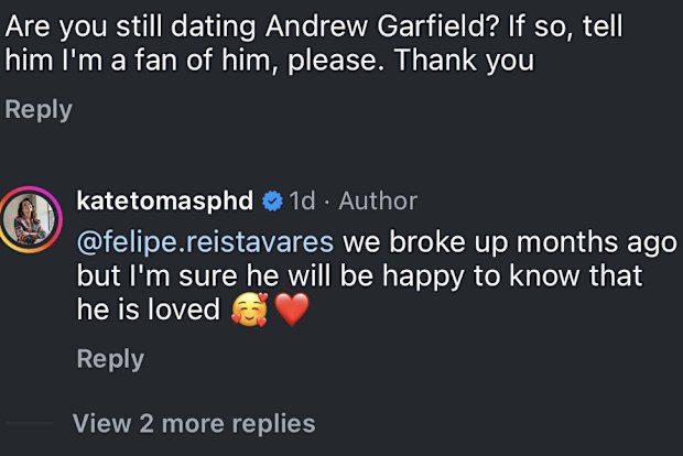 Kate Tomas confirms split from Andrew Garfield