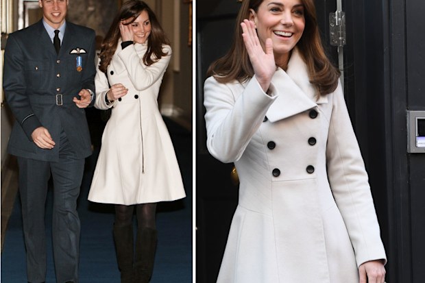 Kate wears a cream Reiss coat to Prince William's RAF graduation ceremony in 2008 and again on tour in Ireland in 2020