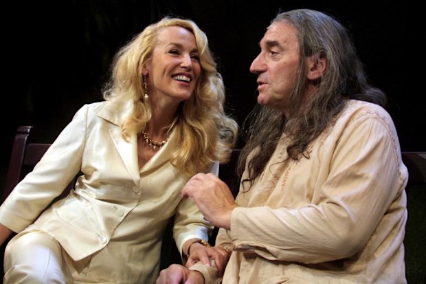 Jerry Hall, who plays Sugar Moran and Stephen Greif, who plays Scott Ginsburg perform during rehearsals for Benchmark, a new play by Bud Shrake and Michael Rudman at the New End Theatre in Hampstead, London .   *  The play opens to the public for a six week run from September 13.   (Photo by Tim Whitby - PA Images/PA Images via Getty Images)