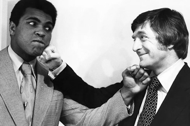 Boxer Muhammad Ali was one of Parkinson's most famous guests, and is pictured sparring with the host on his second visit in 1974