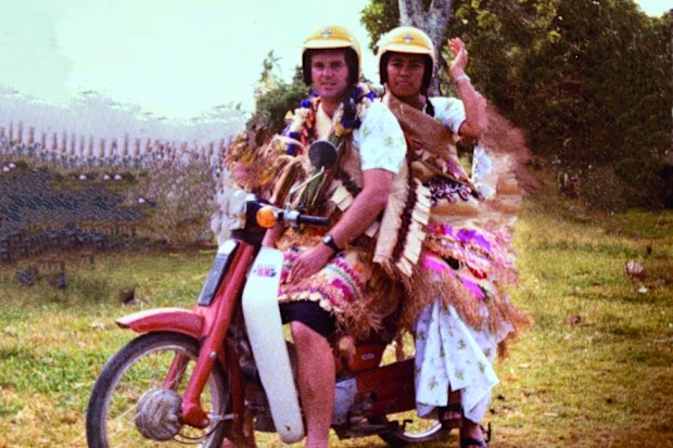 Ken and Silva on their 'getaway' scooter after getting married.