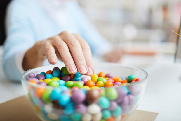 Eating sweet beans at work