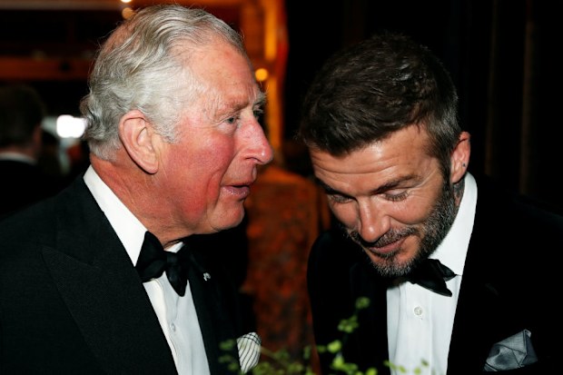 LONDON, ENGLAND - APRIL 04: (L-R) Prince Charles, Prince of Wales speaks with David Beckham prior to the "Our Planet" global premiereat Natural History Museum on April 4, 2019 in London, England. (Photo by John Sibley - WPA Pool/Getty Images)