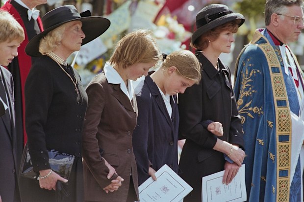 Princess Diana's mother Frances Shand Kydd, Eleanor Fellowes, Laura Fellowes, and Diana's sister Lady Sarah McCorquodale attending the Princess's funeral.