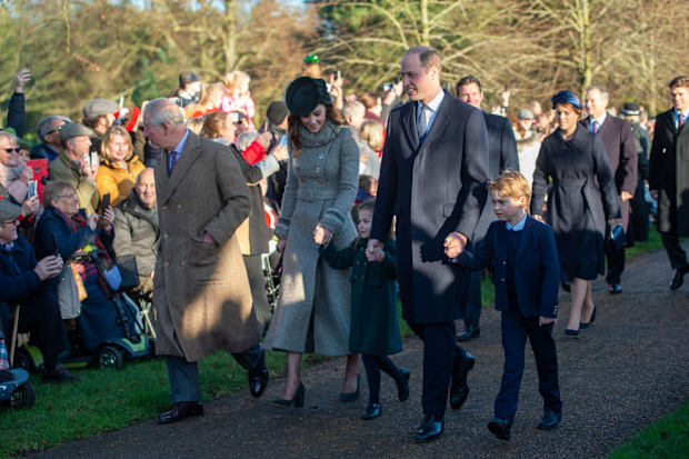 The Prince of Wales, The Duke and Duchess of Cambridge and their children Prince George and Princess Charlotte arriving to attend the Christmas Day morning church service at St Mary Magdalene Church in Sandringham, Norfolk. 