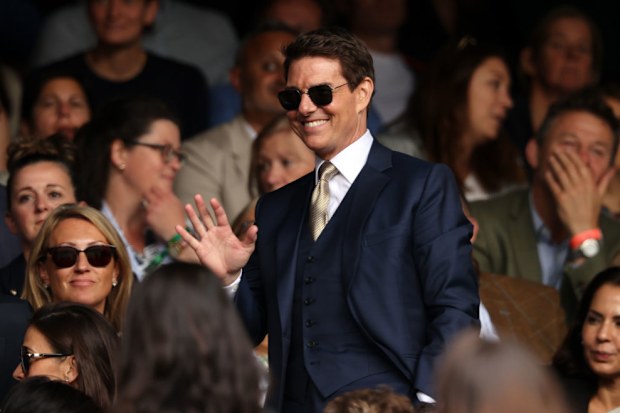 LONDON, ENGLAND - JULY 10:  Tom Cruise watches the Ladies' Singles Final match between Ashleigh Barty of Australia and Karolina Pliskova of The Czech Republic  on Day Twelve of The Championships - Wimbledon 2021 at All England Lawn Tennis and Croquet Club on July 10, 2021 in London, England. (Photo by Clive Brunskill/Getty Images)