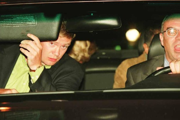 Diana, Princess of Wales and Dodi Fayed (both partially visible in back seat), bodyguard Trevor Rees-Jones (front, left) and driver Henri Paul, in their Mercedes-Benz S280, shortly before the fatal crash which killed Diana, Fayed and Paul, Paris, 31st August 1997. Jacques Langevin's photo was presented as part of the evidence at the Scott Baker Inquest into the crash, in which the jury found that Diana and Dodi had been unlawfully killed because of the reckless driving of Henri Paul and the purs