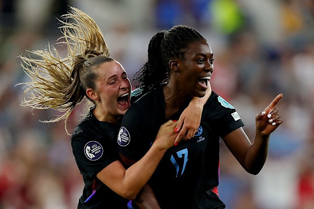 Michelle Agyemang of England celebrates scoring her team's first goal with Ella Toone.