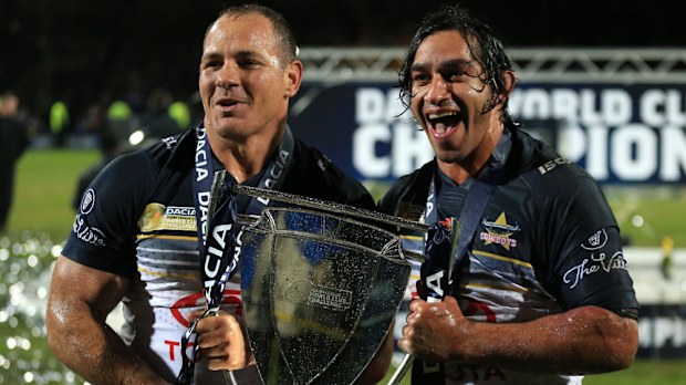 North Queensland's Matt Scott and Johnathan Thurston after they won the 2016 World Club Challenge. (AAP)