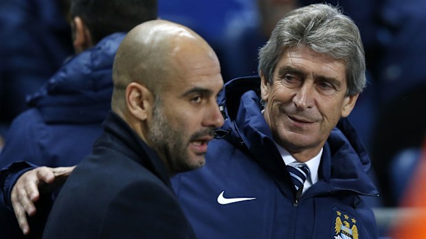 Pep Guardiola with Manuel Pellegrini.(AAP) 