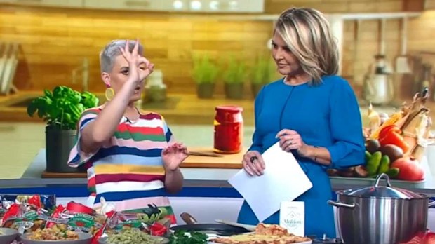 Food presenter Jane de Graaff demonstrates long thin pasta measuring with Georgie Gardner 