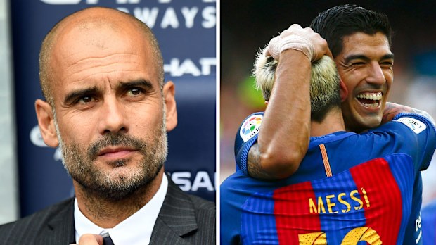 Pep Guardiola (r) will return to face Barcelona in the froup stages of the Champions League. (AAP)