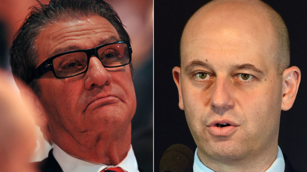 Roosters chairman Nick Politis and NRL boss Todd Greenberg. (AAP)