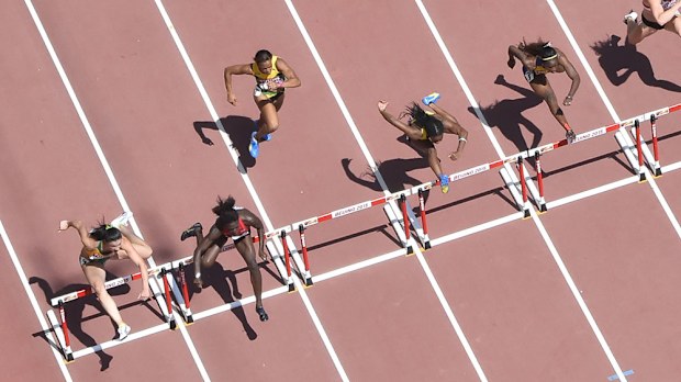 Michelle Jenneke (far left) finished sixth in her heat. (AFP)