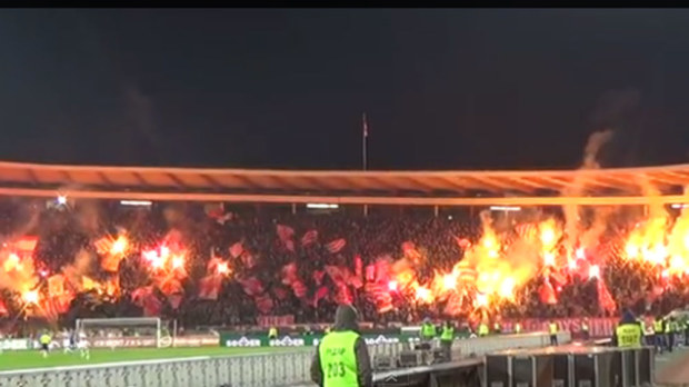 Fans turn Red Star Belgrade's home ground into a fireball. (Supplied)