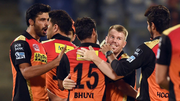 David Warner celebrates with his team. (AFP)