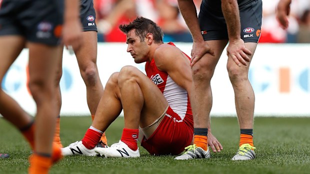Swans player Josh Kennedy after his head knock in last weekend's match (AAP)