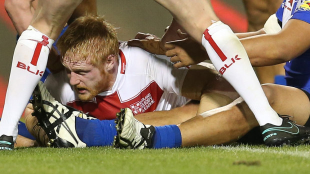 James Graham scores a try for England against Samoa. (AAP)