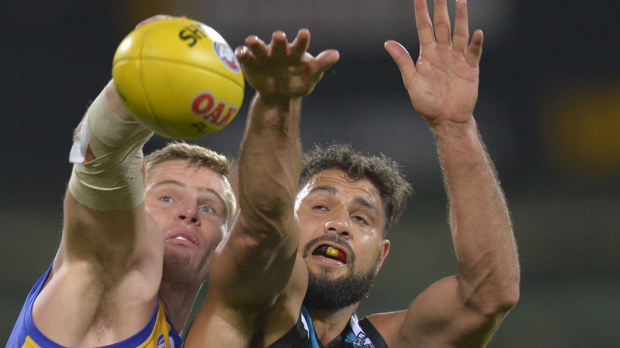 Port Adelaide's Patrick Ryder takes on a West Coast opponent. (AAP)