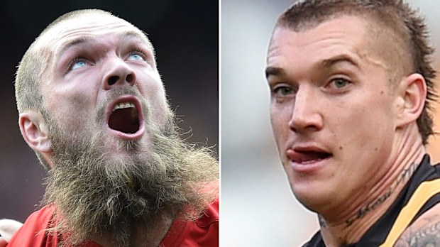 Demons ruckman Max Gawn and Richmond superstar Dustin Martin. (AAP)