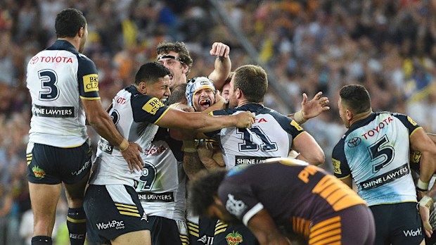 Jonathan Thurston celebrates  the kick that won the Cowboys the NRL Premiership. (Getty)