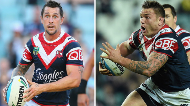 Mitchell Pearce (l) and Jared Waerea-Hargreaves. (AAP)