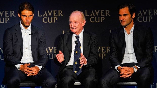 Tennis legends Rafael Nadal, Rod Laver, Roger Federer. (Getty)
