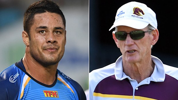 Gold Coast fullback Jarryd Hayne (l) and Brisbane coach Wayne Bennett.