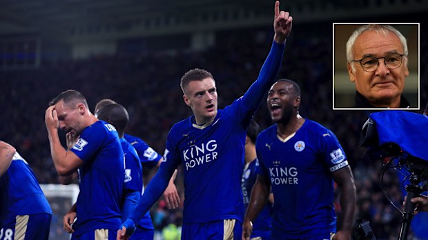 Leicester's Jamie Vardy celebrates a goal and (inset) Claudio Ranieri. (AAP)