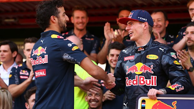Daniel Ricciardo congratulates Max Verstappen after the Spanish GP. (AAP)