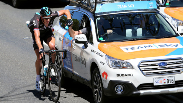 Team Sky help one of their riders during stage three of the Tour Down Under on Thursday. (Getty Images)