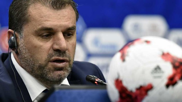 Socceroos coach Ange Postecoglou speaking after the draw for the Confederations Cup. (AFP)