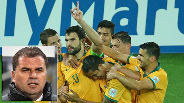 Socceroos captain Mile Jedinak celebrates a goal and (inset) Ange Postecoglou. (Getty and AAP) 
