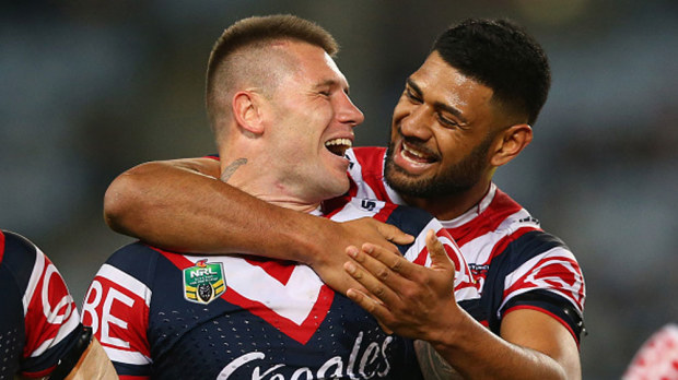 Shaun Kenny-Dowall celebrates a try with Daniel Tupou. (Getty)