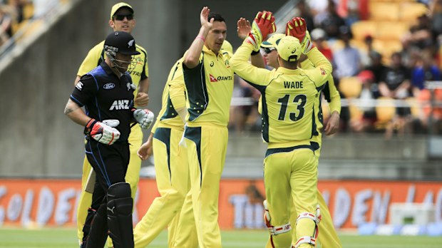 Scott Boland celebrates after bowling Brendan McCullum. (AAP)