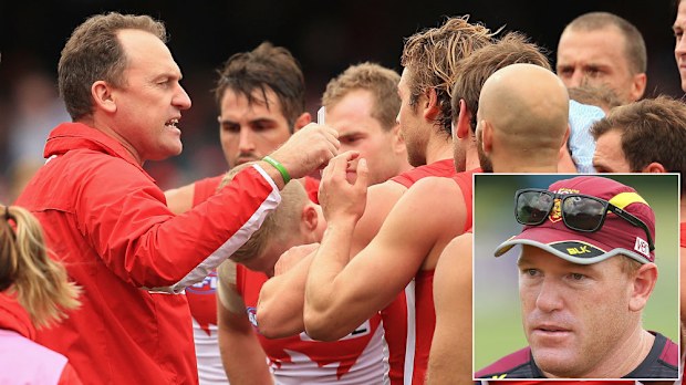 John Longmire addresses his players and (inset) Justin Leppitsch. (Getty)