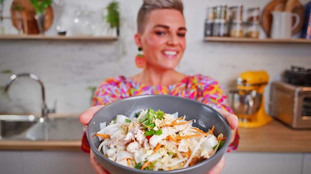 Jane de Graaff cooks coconut poached chicken salad for Quarantine Kitchen