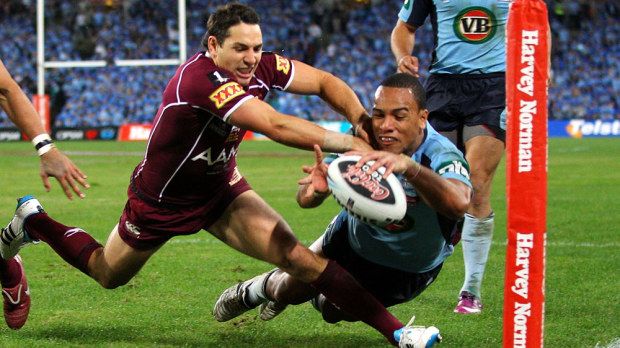 Will Hopoate scores a try for NSW. (Getty)